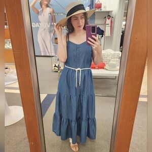 Blue Sleeveless Maxi Dress Tiered Ruffle Buttondown